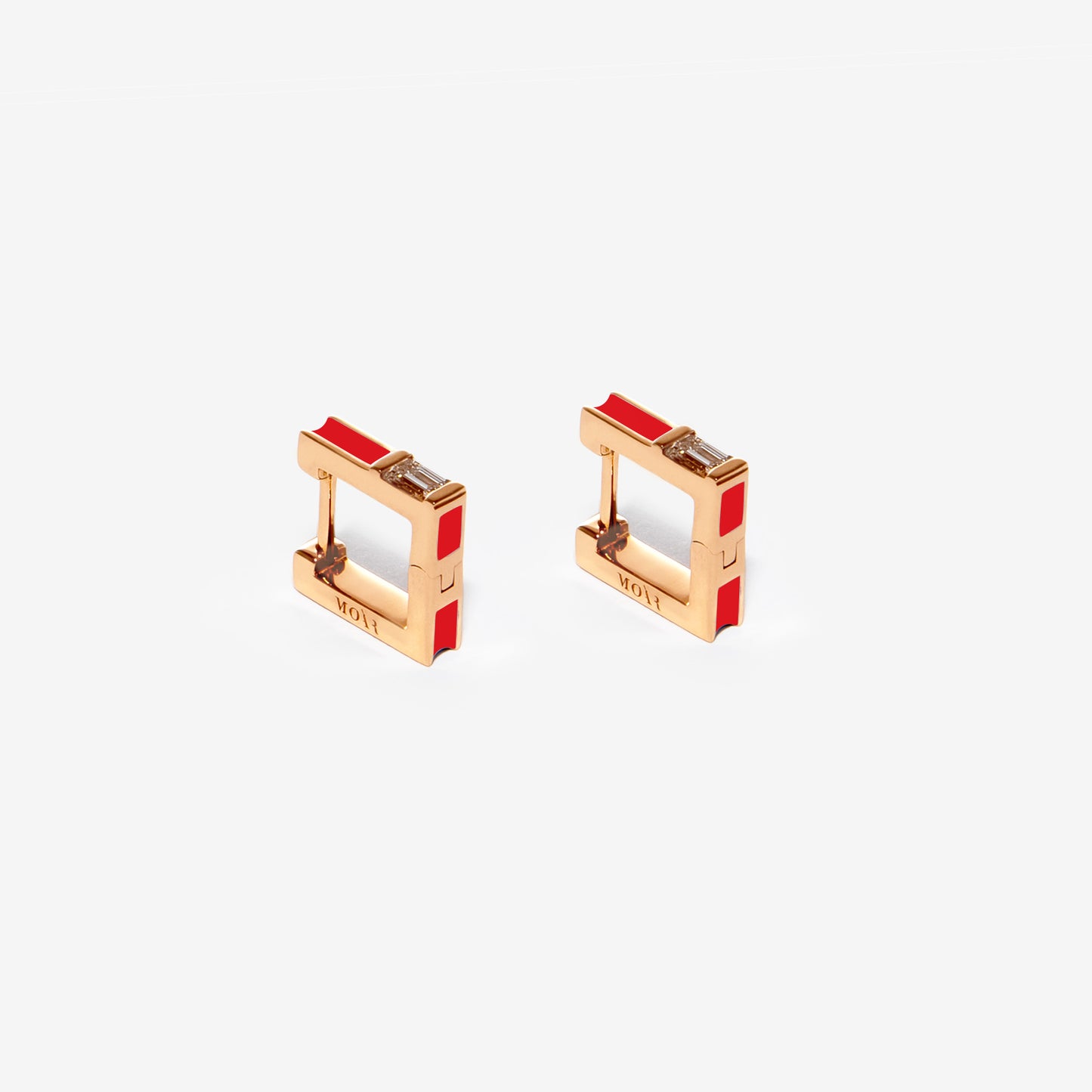 Square red earrings with diamonds