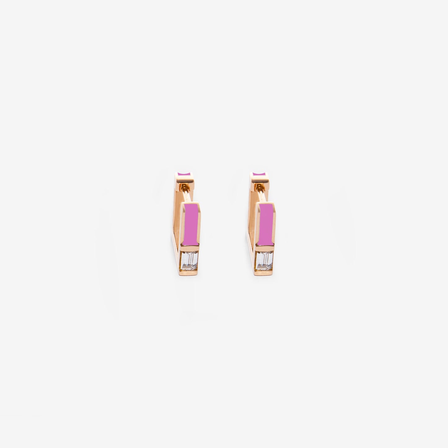 Square pink earrings with diamonds