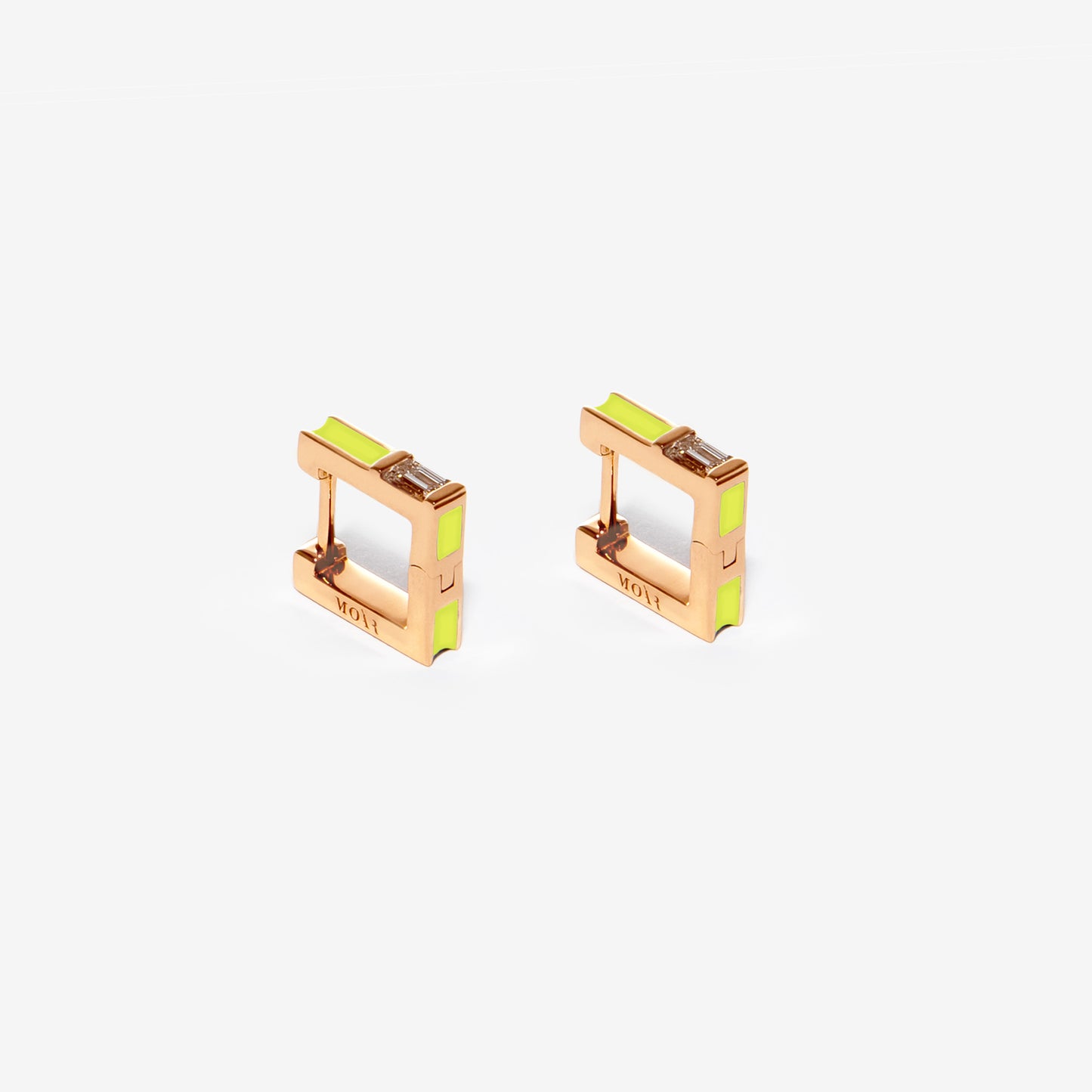 Square lime green earrings with diamonds