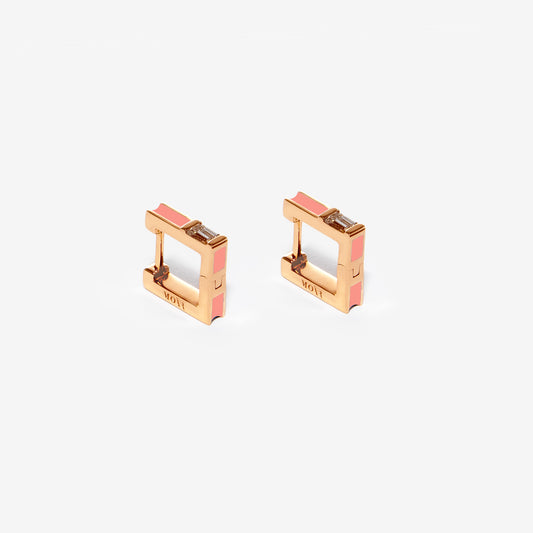 Square salmon pink earrings with diamonds