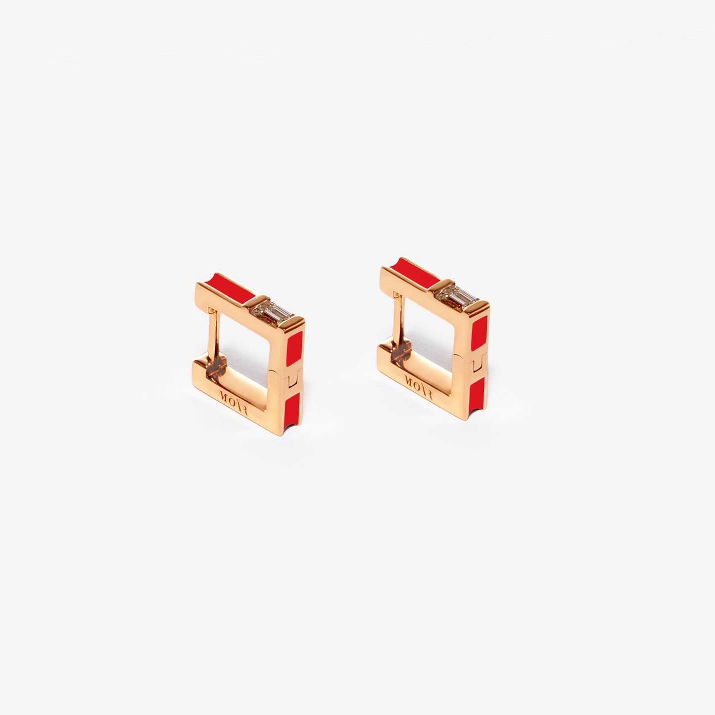 Square red earrings with diamonds