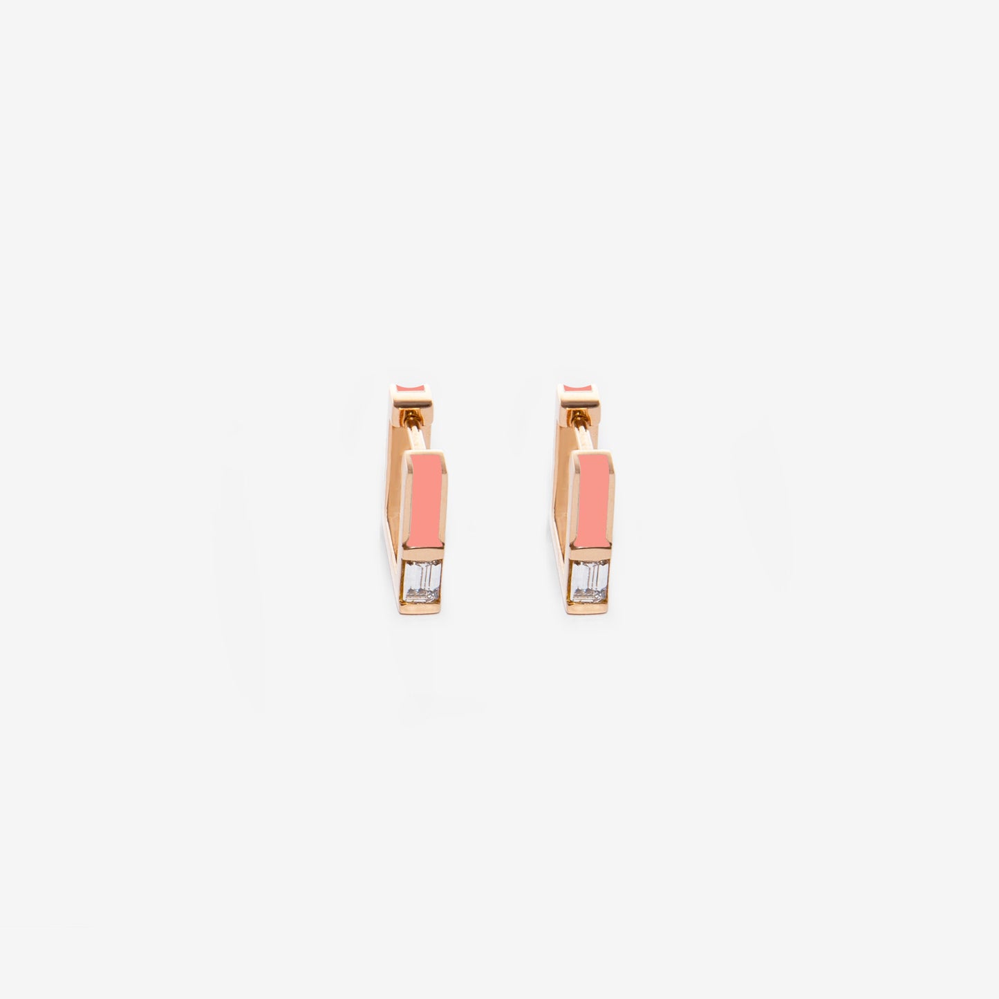 Square salmon pink earrings with diamonds