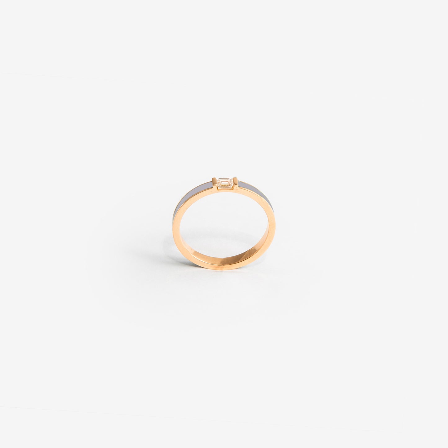 Rose gold band ring with cool gray enamel and diamond