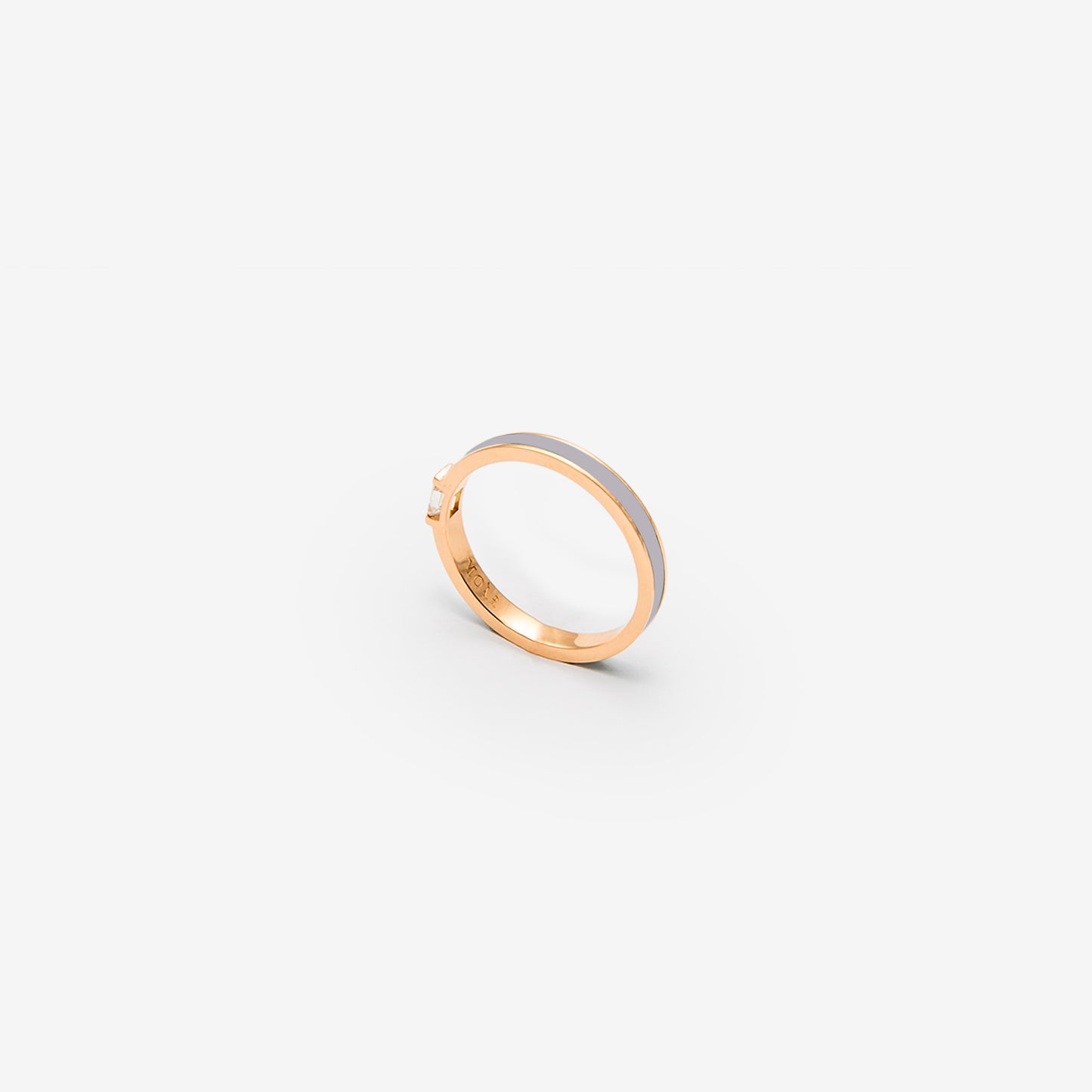 Rose gold band ring with cool gray enamel and diamond