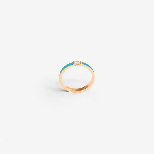 Rose gold band with light blue enamel and a diamond