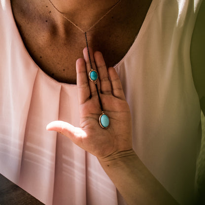 Rose gold and burnished black gold necklace with two natural Turquoise stones