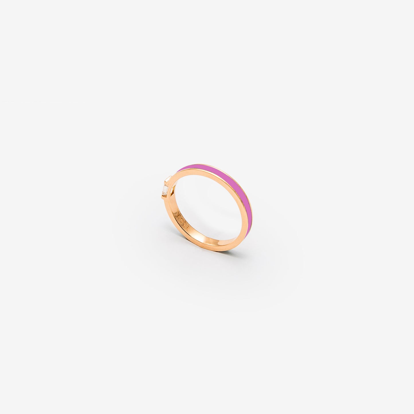 Rose gold band ring  with light pink enamel and diamond