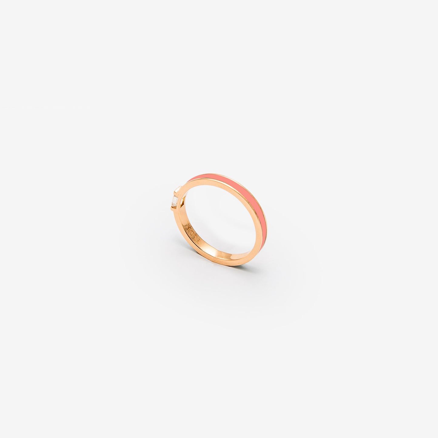 Rose gold band ring with salmon pink enamel and diamond
