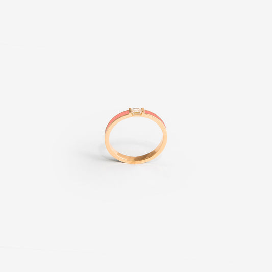 Rose gold band with salmon pink enamel and a diamond