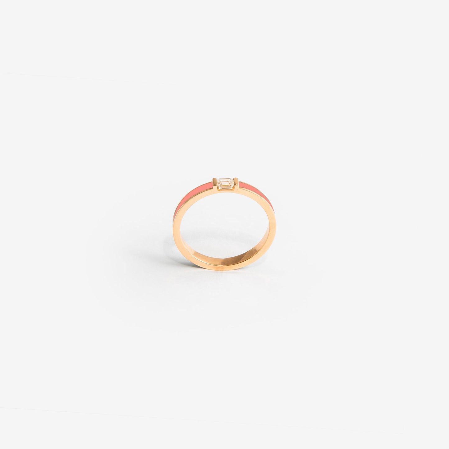 Rose gold band ring with salmon pink enamel and diamond