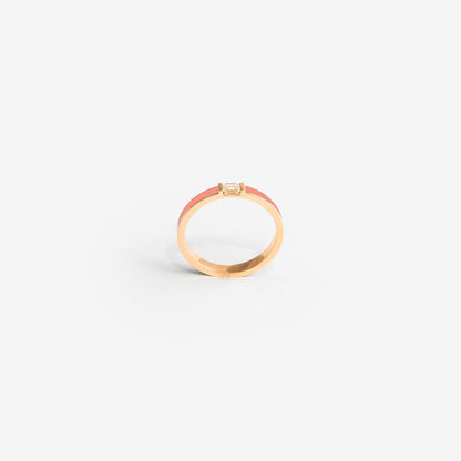 Rose gold band ring with salmon pink enamel and diamond