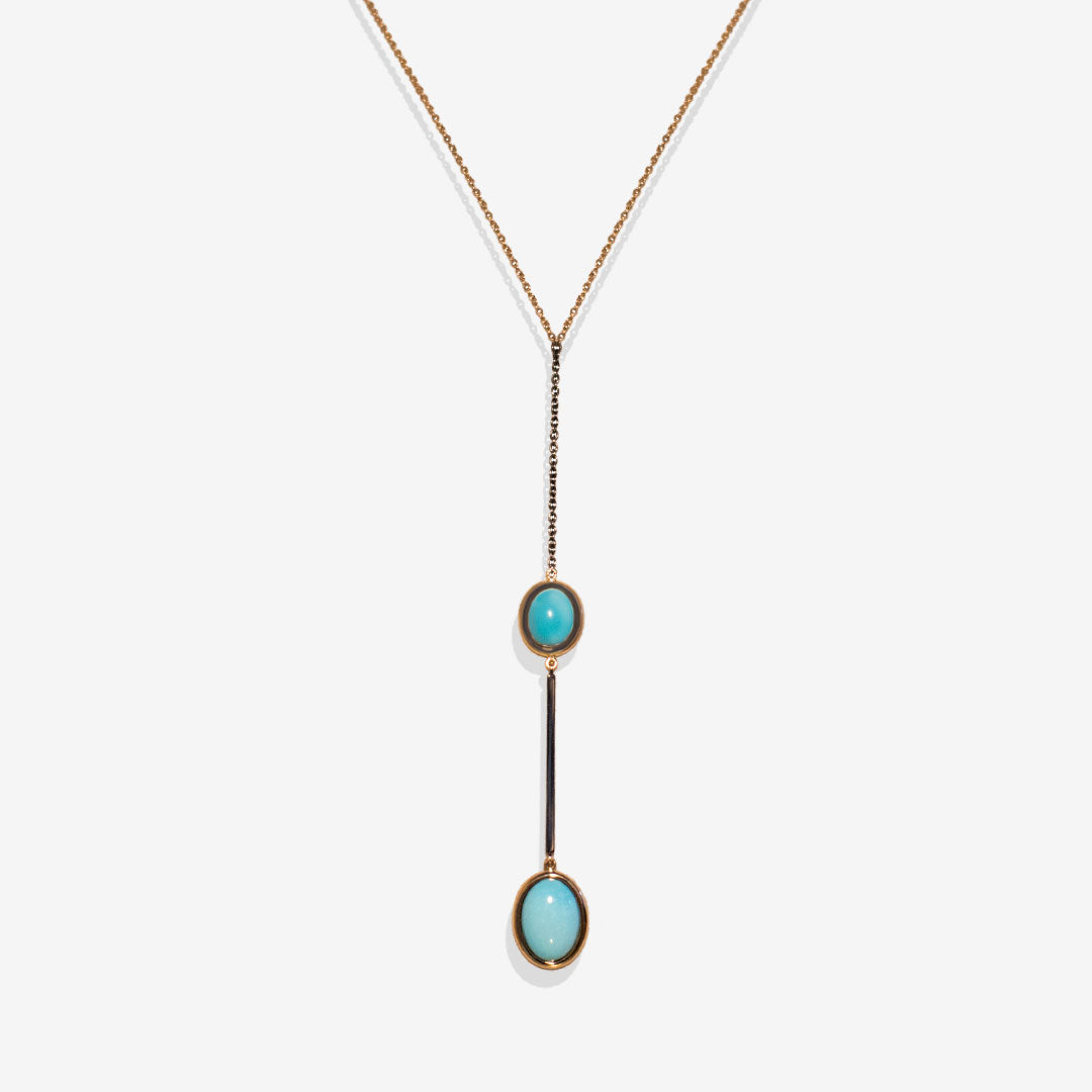 Rose gold and burnished black gold necklace with two natural Turquoise stones