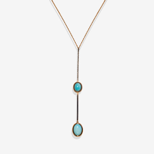 Rose gold and burnished black gold necklace with two natural Turquoise stones