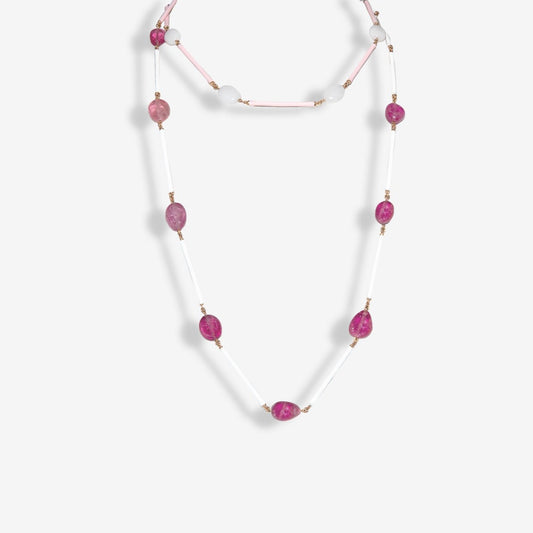 White Agate and Tourmaline necklace, mounted on rose gold with pink and white enamel