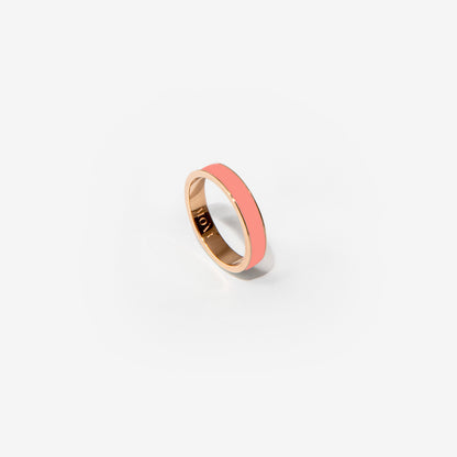 Rose gold band ring in salmon pink enamel 