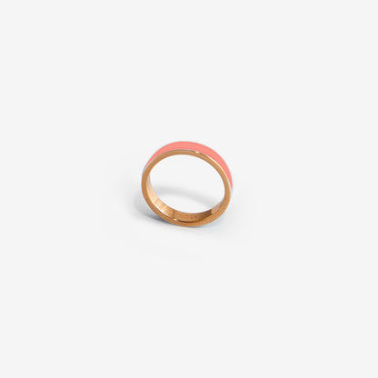 Rose gold band ring in salmon pink enamel 