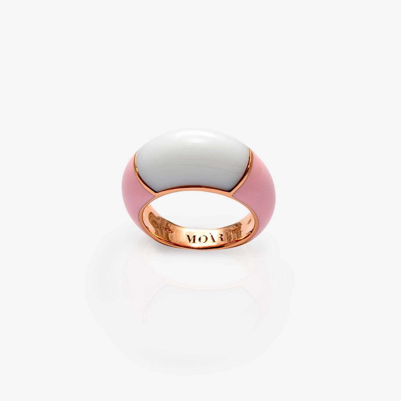 Кольцо из розового золота с белым Агатом и розовой эмалью